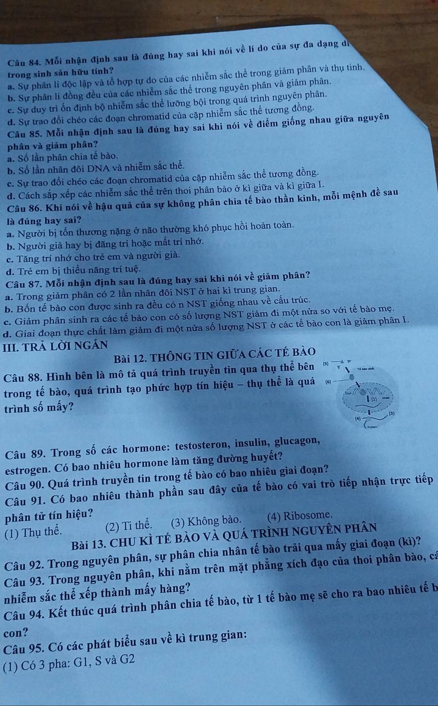 Mỗi nhận định sau là đúng hay sai khi nói về lí do của sự đa dạng dó
trong sinh sản hữu tính?
a. Sự phân li độc lập và tổ hợp tự do của các nhiễm sắc thể trong giảm phân và thụ tinh.
b. Sự phân li đồng đều của các nhiễm sắc thể trong nguyên phân và giảm phân.
c. Sự duy trì ổn định bộ nhiễm sắc thể lưỡng bội trong quá trình nguyên phân.
d. Sự trao đổi chéo các đoạn chromatid của cặp nhiễm sắc thể tương đồng.
Câu 85. Mỗi nhận định sau là đúng hay sai khi nói về điểm giống nhau giữa nguyên
phân và giảm phân?
a. Số lần phân chia tế bào.
b. Số lần nhân đôi DNA và nhiễm sắc thể.
c. Sự trao đổi chéo các đoạn chromatid của cặp nhiễm sắc thể tương đồng.
d. Cách sắp xếp các nhiễm sắc thể trên thoi phân bào ở kì giữa và kì giữa I.
Câu 86. Khi nói về hậu quả của sự không phân chia tế bào thần kinh, mỗi mệnh đề sau
là đúng hay sai?
a. Người bị tổn thương nặng ở não thường khó phục hồi hoàn toàn.
b. Người già hay bị đãng trí hoặc mất trí nhớ.
c. Tăng trí nhớ cho trẻ em và người già.
d. Trẻ em bị thiều năng trí tuệ.
Câu 87. Mỗi nhận định sau là đúng hay sai khi nói về giảm phân?
a. Trong giảm phân có 2 lần nhân đôi NST ở hai kì trung gian.
b. Bốn tế bào con được sinh ra đều có n NST giống nhau về cấu trúc.
c. Giảm phân sinh ra các tế bào con có số lượng NST giảm đi một nửa so với tế bào mẹ.
d. Giai đoạn thực chất làm giảm đi một nửa số lượng NST ở các tế bào con là giảm phân I.
III. TRả LỜI NGÁN
Bài 12. ThÔnG TIN Giữa Các tẻ bào
Câu 88. Hình bên là mô tả quá trình truyền tin qua thụ thể bên
trong tế bào, quá trình tạo phức hợp tín hiệu - thụ thể là quá
trình số mấy?
Câu 89. Trong số các hormone: testosteron, insulin, glucagon,
estrogen. Có bao nhiêu hormone làm tăng đường huyết?
Câu 90. Quá trình truyền tin trong tế bào có bao nhiêu giai đoạn?
Câu 91. Có bao nhiêu thành phần sau đây của tế bào có vai trò tiếp nhận trực tiếp
phân tử tín hiệu?
(1) Thụ thể. (2) Ti thể. (3) Không bào. (4) Ribosome.
Bài 13. ChU KÌ tÉ bàO Và QUá tRÌnH nGUyÊn phân
Câu 92. Trong nguyên phân, sự phân chia nhân tế bào trải qua mấy giai đoạn (kì)?
Câu 93. Trong nguyên phân, khi nằm trên mặt phẳng xích đạo của thoi phân bào, cả
nhiễm sắc thể xếp thành mấy hàng?
Câu 94. Kết thúc quá trình phân chia tế bào, từ 1 tế bào mẹ sẽ cho ra bao nhiêu tế b
con?
Câu 95. Có các phát biểu sau về kì trung gian:
(1) Có 3 pha: G1, S và G2