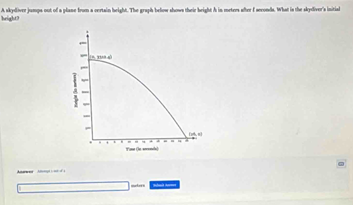 A skydiver jumps out of a plane from a certain beight. The graph below shows their height h in meters after & seconds. What is the skydiver's initial 
height? 
←∞
15400 (0,33124)
3000
2500
10
yoo
(26,0). 4 n 44 1
Time (in seconda) 
Answer Altompt 1 out of 2
meters Suhaid Anower