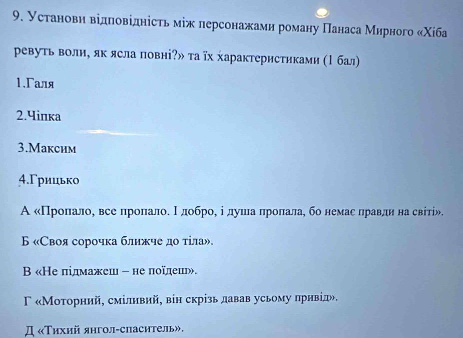 Установи відπовідність між персонажами роману Πанаса Мирного «Χίба
ревуть воли, як ясла повні?» та їх характеристиками (1 бал
1.Γаля
2.Чinкa
3.Максим
4.Γрицько
А «Проπλαалоό все πрίοоπеалоΕ Ιδлдоοброό ⅰеδлдуешенιеаαδπηрίоοπлαалае бо немасеδπηравдηη наδсвίтί».
Б «Своя сорочка ближче дο τίла».
B «Не підмажеш - не поїдеш».
Γ «Моторний, сміливий, він скрίзь давав усьому πривίд».
Д «Тихий янгол-спаситель».