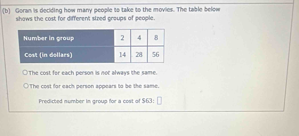 Goran is deciding how many people to take to the movies. The table below 
shows the cost for different sized groups of people. 
The cost for each person is not always the same. 
The cost for each person appears to be the same. 
Predicted number in group for a cost of $63 :