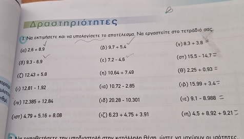 Δραστηριότητες 
￡ Να εκτιμήσετε και να υπολογίσετε το αποτέλεσμα. Να εργαστείτε στο τετράδιό σας. 
(a) 2.6+8.9
(β) 9,7+5,4 (v) 8.3+3.8
(3) 9.3-6.9 (E) 7.2-4.6 (σT) 15.5-14.7
( 12.43+5.8
(n) 10.64+7.49 (θ) 2.25+0.93
roροlp (1 12.81-1.92 (1a) 10.72-2.85
(1) 15.99+3.4
''Đó 12.385+12.84 (10) 20.28-10.301 (1E) 9.1-8.988
(r) 
(10T) 4.79+5.16+8.08 (1ζ) 6,23+4,75+3.91 (1n) 4.5+8.92+9.21
Nα τοποθετάσετε τακ ιποδισστσδή στην κατάδδρδη θέση, ωστε να ιαχύομν οι ισότητες.