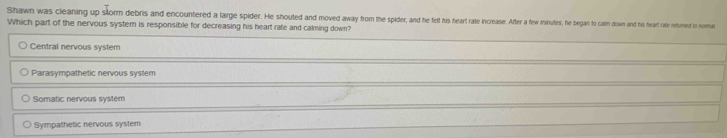 Shawn was cleaning up slorm debris and encountered a large spider. He shouted and moved away from the spider, and he feewre fear aeare er f ew minet tes e e a caim down and his heart rate refurned to normat
Which part of the nervous system is responsible for decreasing his heart rate and calming down?
Central nervous system
Parasympathetic nervous system
Somatic nervous system
Sympathetic nervous system