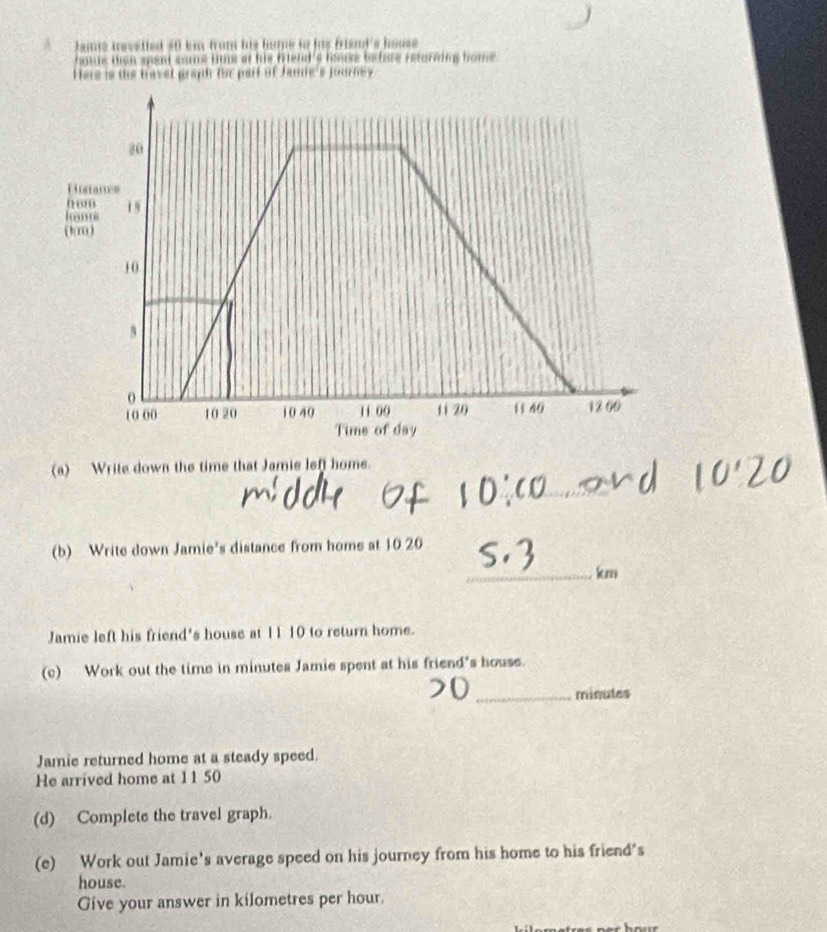 Jamie travelled #0 kin from his hume tn his frisnd's house 
hos tan send sos tie at tie fiiend 's hose be fore retorning home. 
Hers is the travel graph for part of Jamie's journey . 
(a) Write down the time that Jamie left home 
_ 
(b) Write down Jamie's distance from homs at 10 20
_ km
Jamie left his friend's house at 11 10 to return home. 
(c) Work out the time in minutes Jamie spent at his friend's house. 
_ minutes
Jamie returned home at a steady speed. 
He arrived home at 11 50
(d) Complete the travel graph. 
(e) Work out Jamie's average speed on his journey from his home to his friend's 
house. 
Give your answer in kilometres per hour.