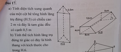 Tính diện tích xung quanh
của một cột bê tông hình lăng
trụ đứng (H.5) có chiều cao
2 m và đáy là tam giác đều
có cạnh 0,5 m
b) Tính thể tích hình lãng trụ
đứng tứ giác có đáy là hình
thang với kích thước cho 
trong H.6.