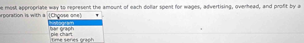 most appropriate way to represent the amount of each dollar spent for wages, advertising, overhead, and profit by a
rporation is with a (Choose one)
histogram
bar graph
pie chart
time series graph