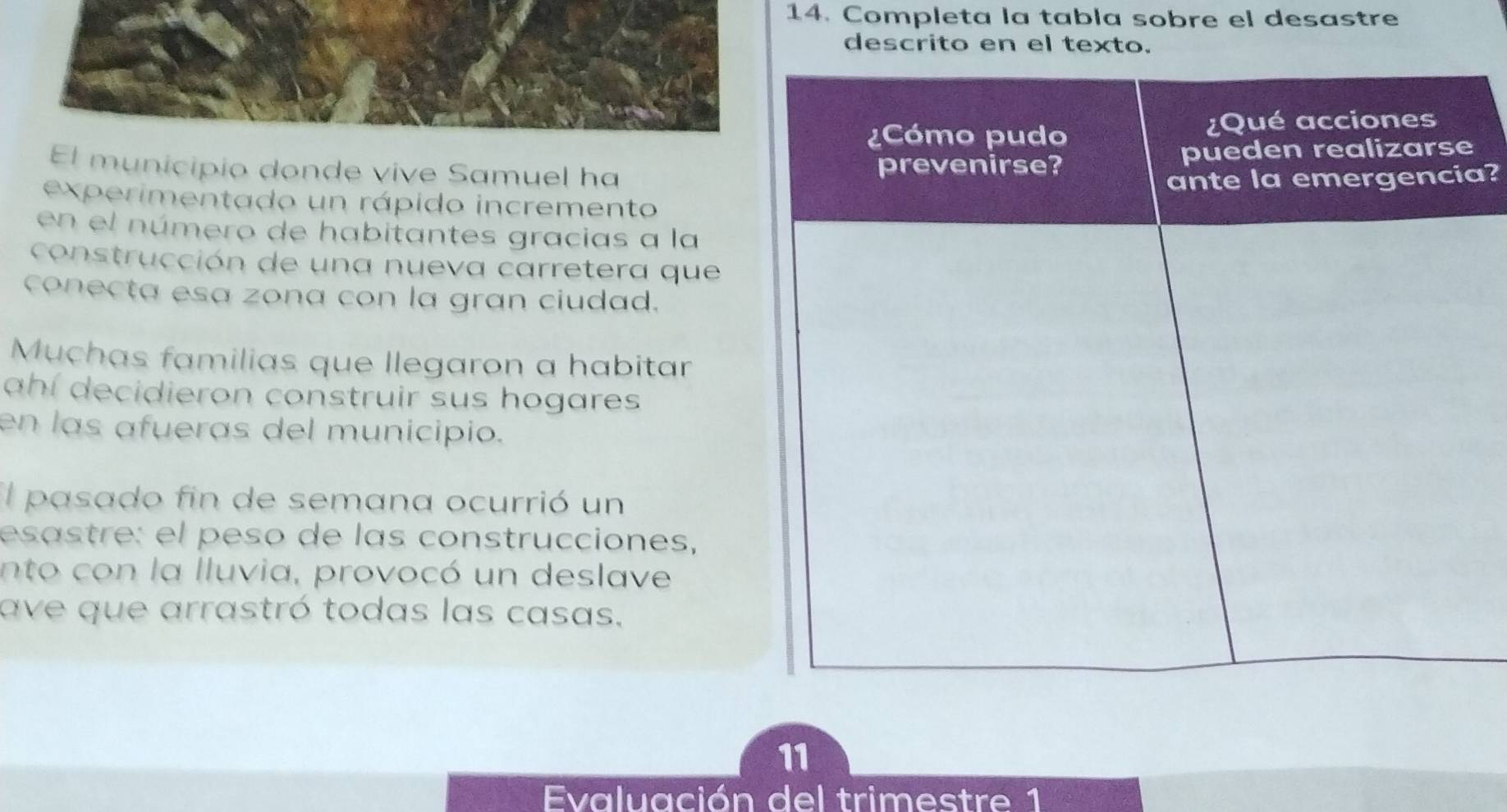 Completa la tabla sobre el desastre 
descrito en el texto. 
El municipio donde vive Samuel ha 
a? 
experimentado un rápido incremento 
en el número de habitantes gracias a la 
construcción de una nueva carretera que 
conecta esa zona con la gran ciudad. 
Muchas familias que llegaron a habitar 
ahí decidieron construir sus hogares 
en las afueras del municipio. 
El pasado fin de semana ocurrió un 
esastre: el peso de las construcciones, 
ento con la lluvia, provocó un deslave 
ave que arrastró todas las casas. 
11 
Evaluación del trimestre 1