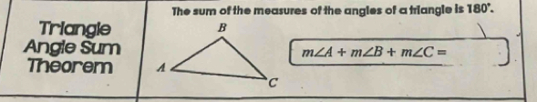 The sum of the measures of the angles of a triangle is 180°. 
Triangle 
Angle Sum m∠ A+m∠ B+m∠ C=
Theorem