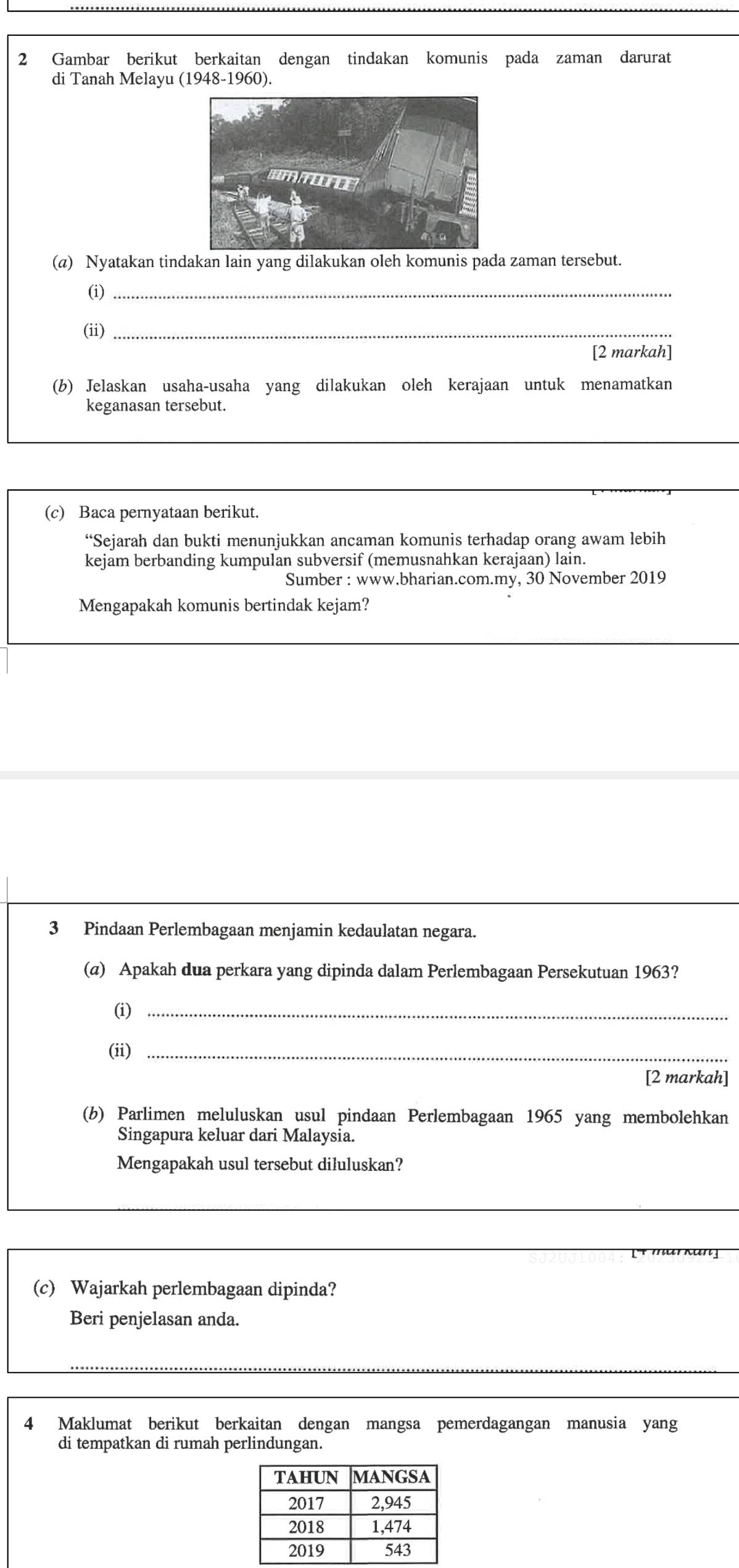 Gambar berikut berkaitan dengan tindakan komunis pada zaman darurat 
di Tanah Melayu (1948-1960). 
(a) Nyatakan tindakan lain yang dilakukan oleh komunis pada zaman tersebut. 
(i)_ 
(ii)_ 
[2 markah] 
(b) Jelaskan usaha-usaha yang dilakukan oleh kerajaan untuk menamatkan 
keganasan tersebut. 
(c) Baca pernyataan berikut. 
“Sejarah dan bukti menunjukkan ancaman komunis terhadap orang awam lebih 
kejam berbanding kumpulan subversif (memusnahkan kerajaan) lain. 
Sumber : www.bharian.com.my, 30 November 2019 
Mengapakah komunis bertindak kejam? 
3 Pindaan Perlembagaan menjamin kedaulatan negara. 
(@) Apakah dua perkara yang dipinda dalam Perlembagaan Persekutuan 1963? 
(i)_ 
(ii)_ 
[2 markah] 
(b) Parlimen meluluskan usul pindaan Perlembagaan 1965 yang membolehkan 
Singapura keluar dari Malaysia. 
Mengapakah usul tersebut diluluskan? 
(c) Wajarkah perlembagaan dipinda? 
Beri penjelasan anda. 
4 Maklumat berikut berkaitan dengan mangsa pemerdagangan manusia yang 
di tempatkan di rumah perlindungan.