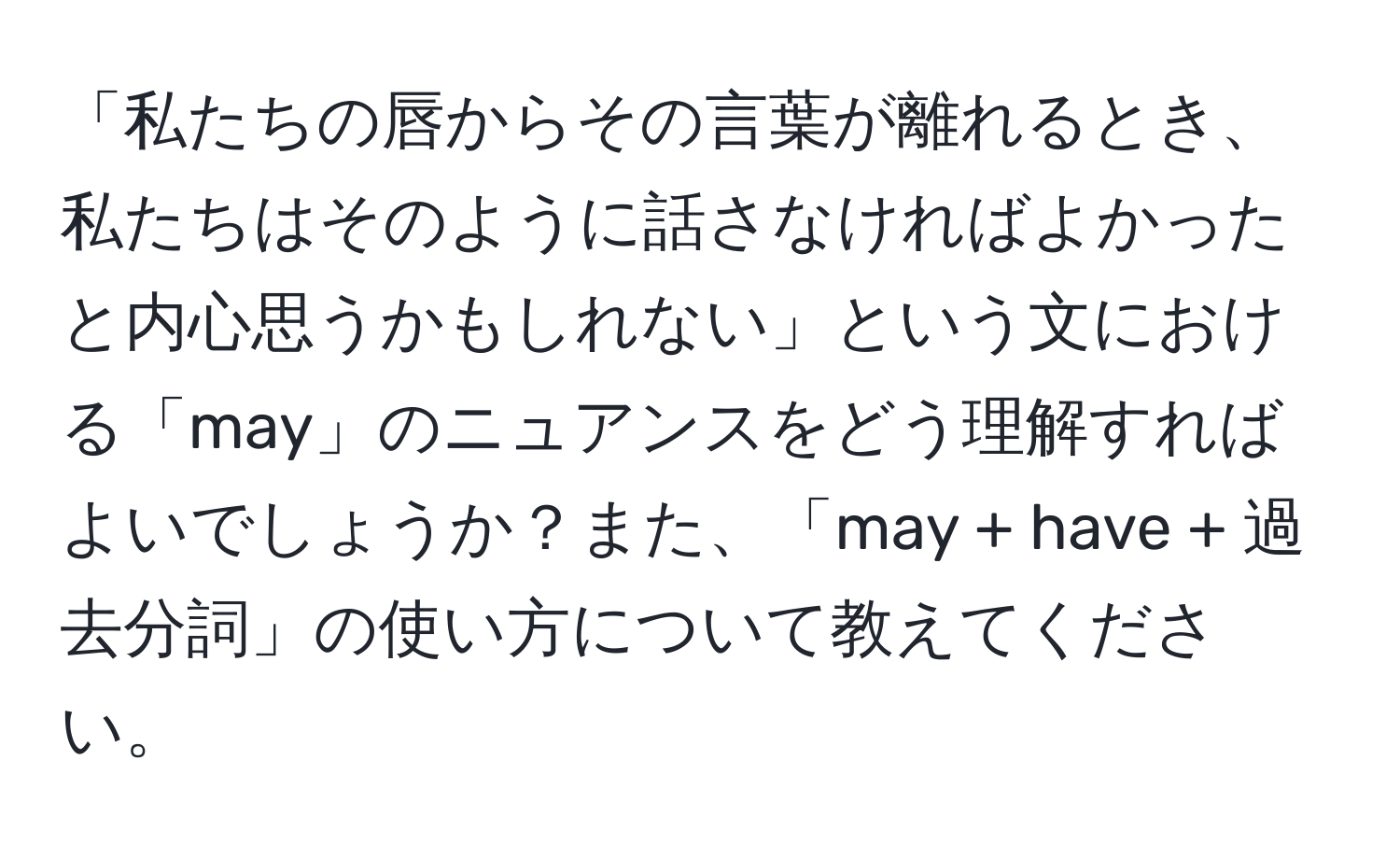 「私たちの唇からその言葉が離れるとき、私たちはそのように話さなければよかったと内心思うかもしれない」という文における「may」のニュアンスをどう理解すればよいでしょうか？また、「may + have + 過去分詞」の使い方について教えてください。