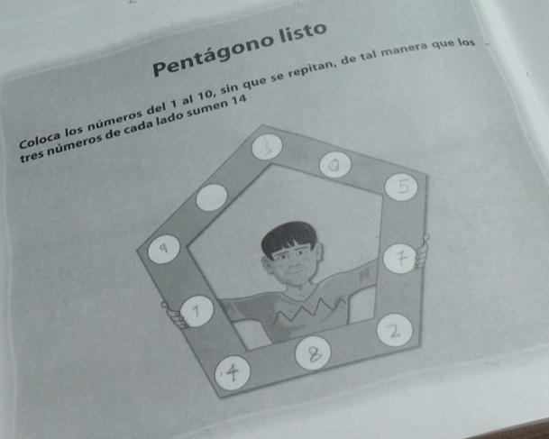 Pentágono listo 
Coloca los númos del 1 al 10, sin que se repitan, de tal manera que lo 
tres números de sumen 14