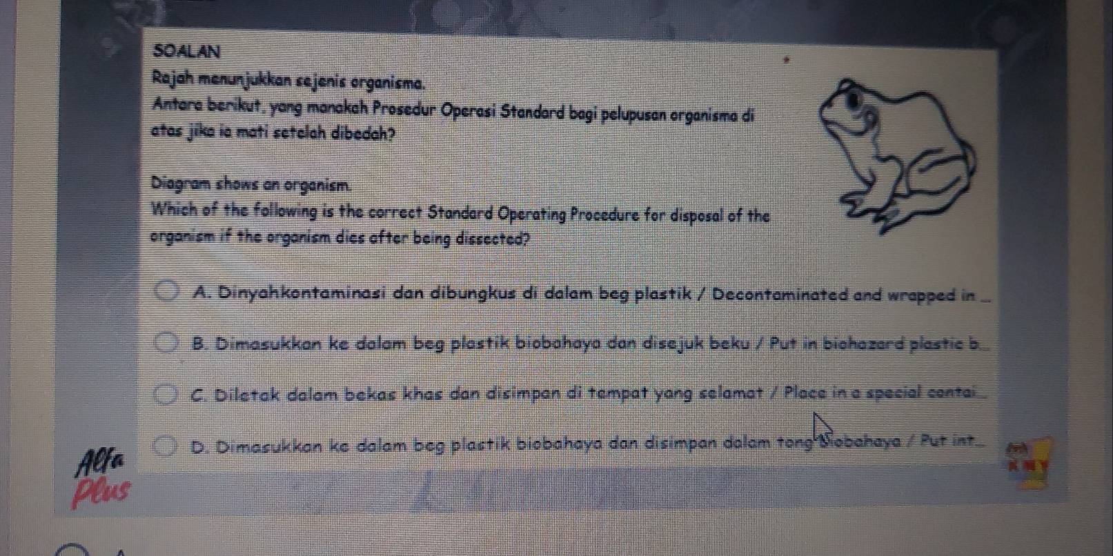 SOALAN
Rajah menunjukkan sejenis organisma.
Antara berikut, yang manakah Prosedur Operasi Standard bagi pelupusan organisma di
atas jika ia mati setelah dibedah?
Diagram shows an organism.
Which of the following is the correct Standard Operating Procedure for disposal of the
organism if the organism dies after being dissected?
A. Dinyahkontaminasi dan dibungkus di dalam beg plastik / Decontaminated and wrapped in
B. Dimasukkan ke dalam beg plastik biobahaya dan disejuk beku / Put in bichazard plastic b.
C. Diletak dalam bekas khas dan disimpan di tempat yang selamat / Place in a special contai .
Alfa D. Dimasukkan ke dalam beg plastik biobahaya dan disimpan dalam tong Biobahaya / Put int. M
Plus