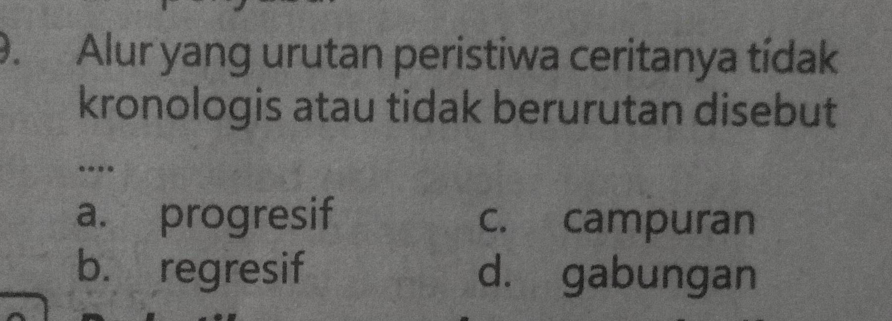 Alur yang urutan peristiwa ceritanya tídak
kronologis atau tidak berurutan disebut
.
a. progresif c. campuran
b. regresif d. gabungan