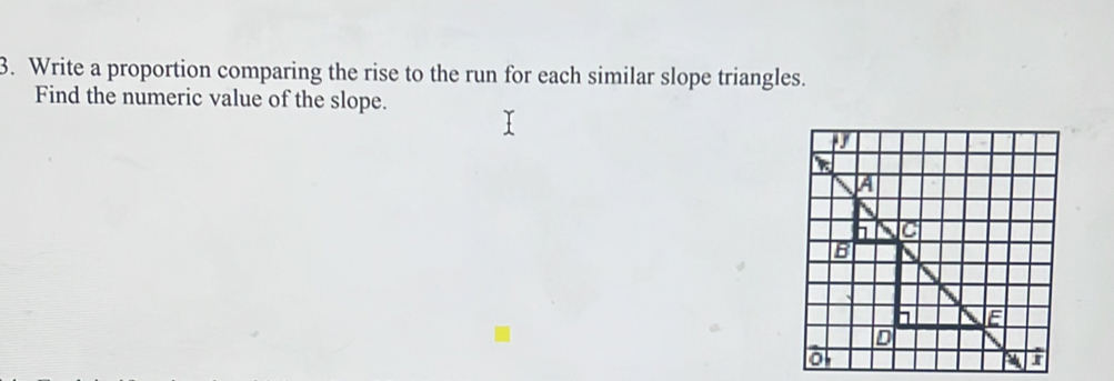 Write a proportion comparing the rise to the run for each similar slope triangles. 
Find the numeric value of the slope.