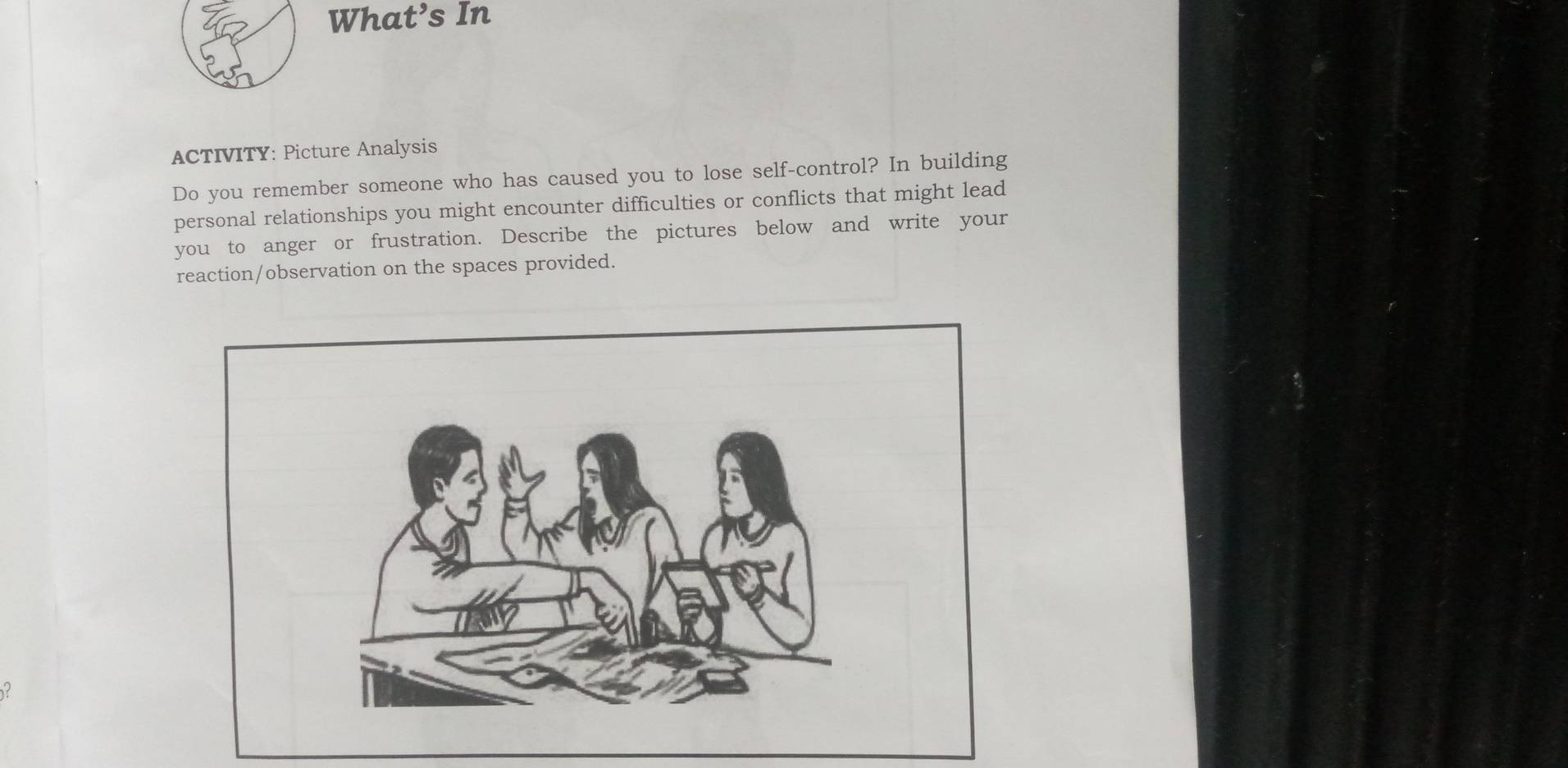 What’s In 
ACTIVITY: Picture Analysis 
Do you remember someone who has caused you to lose self-control? In building 
personal relationships you might encounter difficulties or conflicts that might lead 
you to anger or frustration. Describe the pictures below and write your 
reaction/observation on the spaces provided.