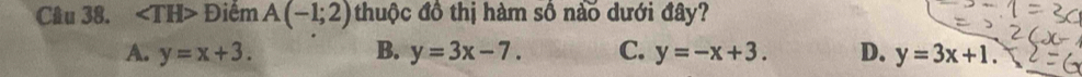 Điểm A(-1;2) thuộc đồ thị hàm số nào dưới đây?
A. y=x+3. B. y=3x-7. C. y=-x+3. D. y=3x+1.