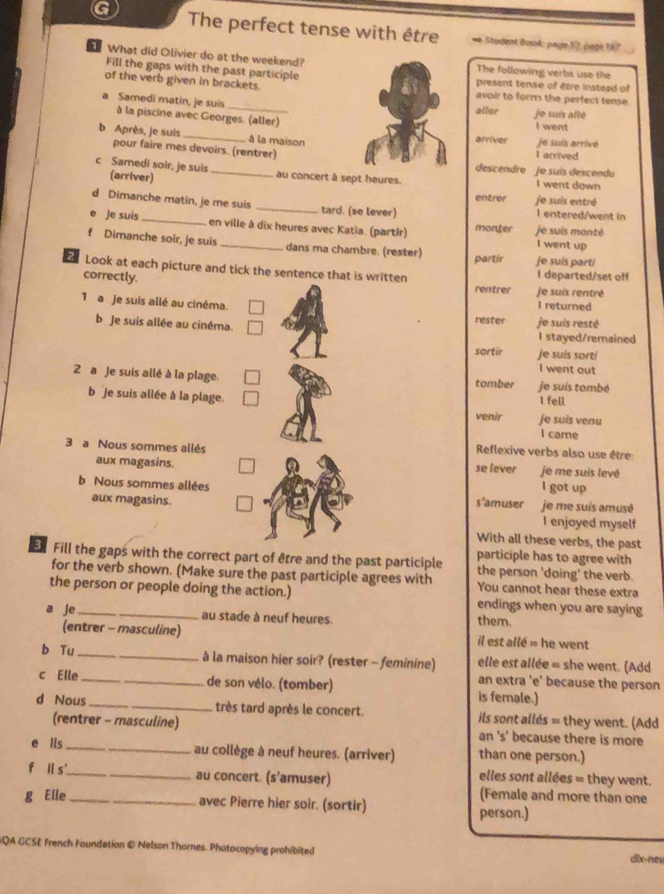 The perfect tense with être *= Student Book: page 57, pago 167
7 What did Olivier do at the weekend? The following verbs use the
Fill the gaps with the past participle present tense of être instead of
of the verb given in brackets.
avoir to form the perfect tense.
a Samedi matin, je suis _aller je suís allé
à la piscine avec Georges. (aller) I went
b Après, je suis _à la maison arriver je suis arrivé
pour faire mes devoirs. (rentrer)
I arrived
descendre je suís descondu
c Samedi soir, je suis _au concert à sept heures. I went down
(arriver)
entrer je suis entré
d Dimanche matin, je me suis _tard. (se lever) I entered/went in
e Je suis_ en ville à dix heures avec Katia. (partir) monter je suis monté
I went up
f Dimanche soir, je suis _dans ma chambre. (rester) partir je suis parti
2 Look at each picture and tick the sentence that is written I departed/set off
correctly.
rentrer fe suis rentré
1 a je suis allé au cinéma.
I returned
rester je suis resté
b Je suis allée au cinéma. I stayed/remained
sortir je suis sorti
I went out
2 a Je suis allé à la plage. tomber je suis tombé
b Je suis allée à la plage. I fell
venir je suis venu
I care
3 a Nous sommes allés
Reflexive verbs also use être:
aux magasins. se lever je me suis levé
b Nous sommes allées
I got up
aux magasins. s'amuser je me suís amusé
I enjoyed myself
With all these verbs, the past
participle has to agree with
En Fill the gaps with the correct part of être and the past participle the person 'doing' the verb.
for the verb shown. (Make sure the past participle agrees with You cannot hear these extra
the person or people doing the action.) endings when you are saying
a je_ au stade à neuf heures. them.
(entrer - masculine) il est allé = he went
b Tu _à la maison hier soir? (rester - feminine) elle est allée = she went. (Add
an extra 'e' because the person
c Elle _de son vélo. (tomber) is female.)
d Nous_ très tard après le concert. ils sont allés = they went. (Add
(rentrer - masculine) an 's' because there is more
e ils _au collège à neuf heures. (arriver) than one person.)
fls'_ au concert. (s'amuser)
elles sont allées = they went.
(Female and more than one
g Elle_ avec Pierre hier soir. (sortir)
person.)
QA GCSE French Foundation ® Nelson Thornes. Photocopying prohibited
dix-neu