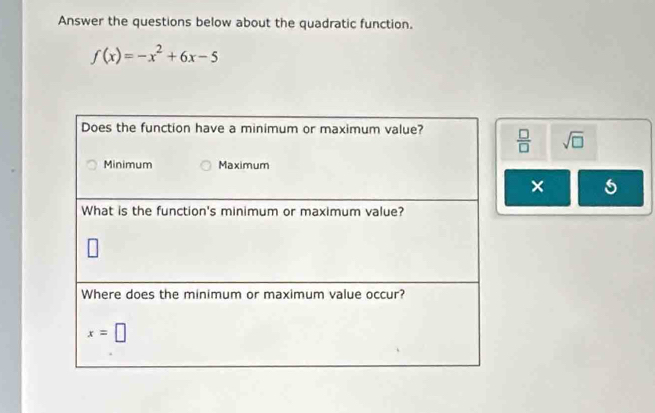 Answer the questions below about the quadratic function.
f(x)=-x^2+6x-5
 □ /□   sqrt(□ )
× 5