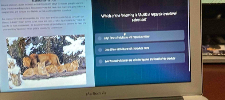 tatural aeention cevses ixotutel. As indials with a figh Etness are goong to he more
lwy to burevs and reproduns. These genotypes that hare a kow fitnas are going to hame a
magrae te, and they are los bay to surter, and less lindy to reprodute
For exeple iet's look at kon prites. In a pride. there are infonuaels that are Gorn potly fow
fress, i dowso t mean slay re out of shope and card breathe I jbst msane tary at hot the Which of the following is FALSE in regards to natural
bast fr for ther enironment. So these indlviduels will probatly never Gecome the had of a selection?
prie and they 'al prokebly rner get the sppertuntly to repreduce
High fitness individuals will reproduce more
Low fitness individuals will reproduce more
Sa
Low fitness individuals are selected against and less likely to produce
MacBook Au