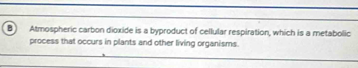 Atmospheric carbon dioxide is a byproduct of cellular respiration, which is a metabolic 
process that occurs in plants and other living organisms.