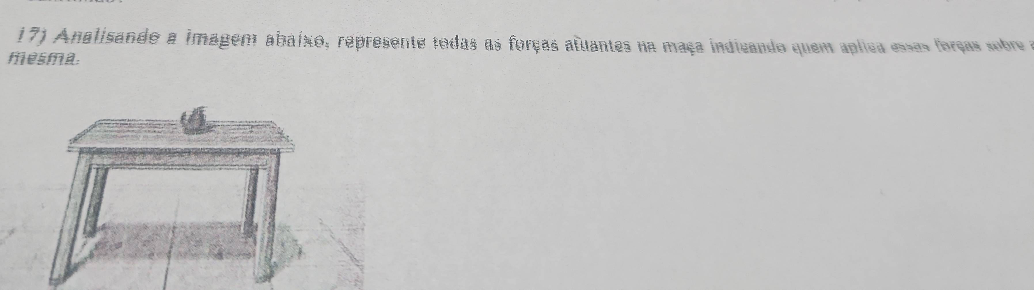 Analisando a imagem abaixo, represente todas as forças atuantes na maça indicando quem aplica essas forças sobre a 
mesma.