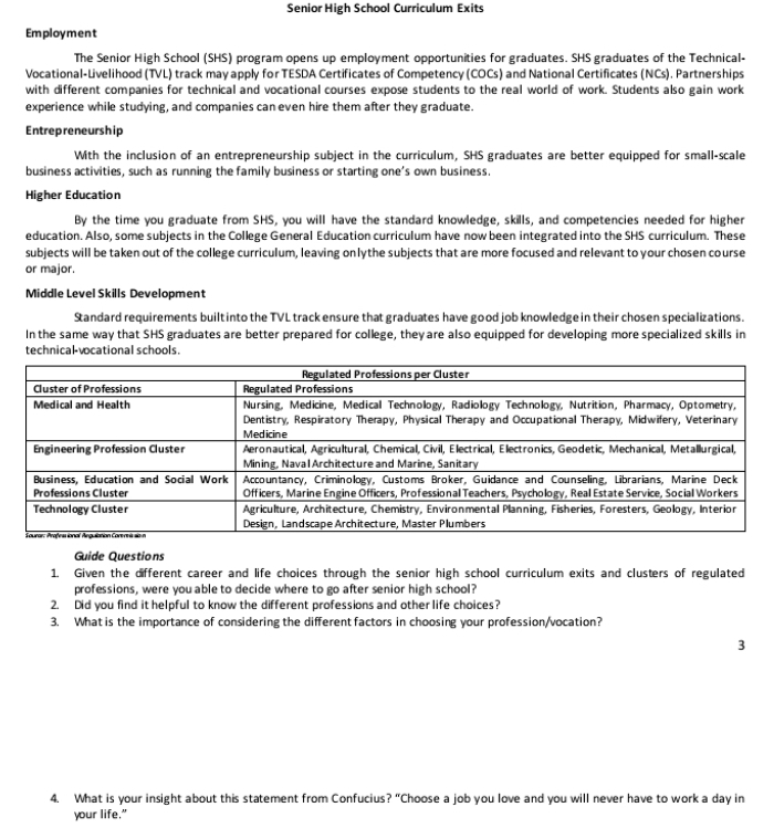Senior High School Curriculum Exits 
Employment 
The Senior High School (SHS) program opens up employment opportunities for graduates. SHS graduates of the Technical- 
Vocational-Livelihood (TVL) track may apply for TESDA Certificates of Competency (COCs) and National Certificates (NCs). Partnerships 
with different companies for technical and vocational courses expose students to the real world of work. Students also gain work 
experience while studying, and companies can even hire them after they graduate. 
Entrepreneurship 
With the inclusion of an entrepreneurship subject in the curriculum, SHS graduates are better equipped for small-scale 
business activities, such as running the family business or starting one’s own business. 
Higher Education 
By the time you graduate from SHS, you will have the standard knowledge, skills, and competencies needed for higher 
education. Also, some subjects in the College General Education curriculum have now been integrated into the SHS curriculum. These 
subjects will be taken out of the college curriculum, leaving onlythe subjects that are more focused and relevant to your chosen course 
or major. 
Middle Level Skills Development 
Standard requirements built into the TVL track ensure that graduates have good job knowledge in their chosen specializations. 
In the same way that SHS graduates are better prepared for college, they are also equipped for developing more specialized skills in 
technical-vocational schools. 
Guide Questions 
1. Given the different career and life choices through the senior high school curriculum exits and clusters of regulated 
professions, were you able to decide where to go after senior high school? 
2. Did you find it helpful to know the different professions and other life choices? 
3. What is the importance of considering the different factors in choosing your profession/vocation? 
3 
4. What is your insight about this statement from Confucius? “Choose a job you love and you will never have to work a day in 
your life."