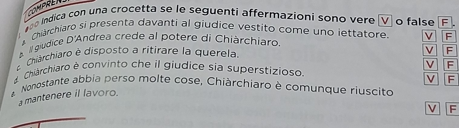 COMPREN 
00 Indica con una crocetta se le seguenti affermazioni sono vere V o false F 
Chiàrchiaro si presenta davanti al giudice vestito come uno iettatore. 
V F 
. Il giudice D'Andrea crede al potere di Chiàrchiaro. 
E Chiàrchiaro è disposto a ritirare la querela. 
V F 
V F 
d. Chiàrchiaro è convinto che il giudice sia superstizioso. 
V F 
Nonostante abbia perso molte cose, Chiàrchiaro è comunque riuscito 
amantenere il lavoro. 
V F