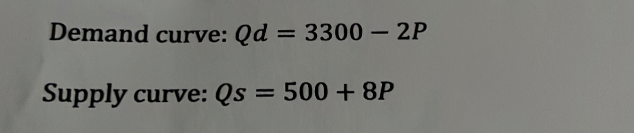 Demand curve: Qd=3300-2P
Supply curve: Qs=500+8P