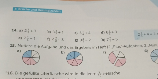 Brüche und Dezimalzahlen
14. a) 2 1/2 +3 b) 3 4/7 +1 c) 5 1/4 +4 d) 6 2/5 +3 2 1/5 +4=2+
e) 2 1/6 -1 f) 4 7/8 -3 g) 9 3/4 -2 h) 7 2/5 -5
15. Notiere die Aufgabe und das Ergebnis im Heft (2 „Plus''-Aufgaben, 2 „Minu
a)
b)
c)
d)
*16. Die gefüllte Literflasche wird in die leere  7/10  -Flasche