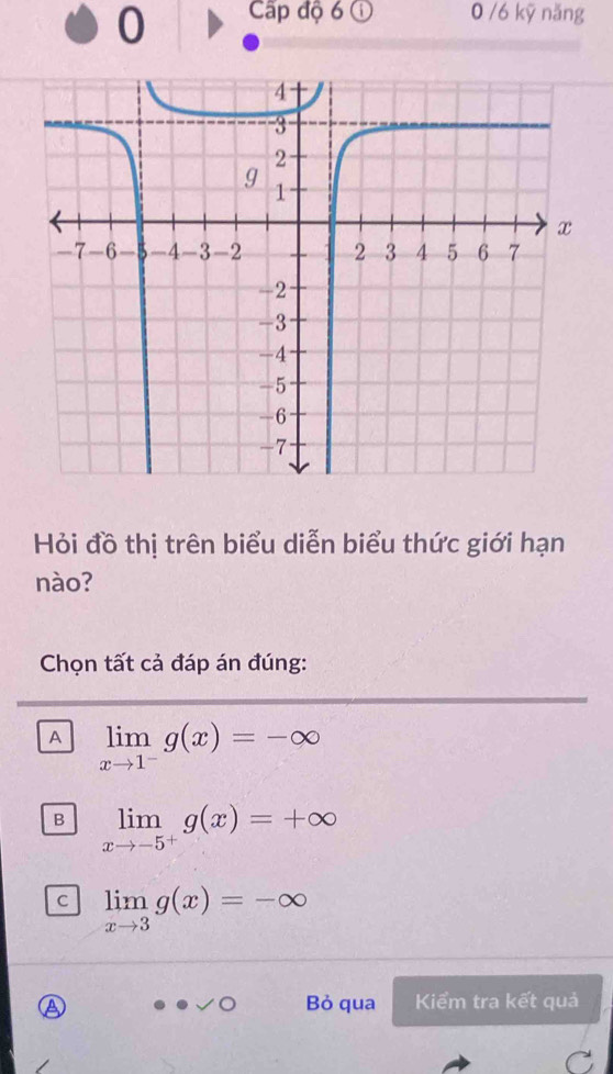 Cấp độ 6 ① 0 /6 kỹ năng
Hỏi đồ thị trên biểu diễn biểu thức giới hạn
nào?
Chọn tất cả đáp án đúng:
A limlimits _xto 1^-g(x)=-∈fty
B limlimits _xto -5^+g(x)=+∈fty
C limlimits _xto 3g(x)=-∈fty
Bỏ qua Kiểm tra kết quả