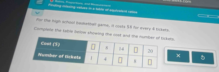 .aleks.com 
Ratios, Proportions, and Measurement 
Finding missing values in a table of equivalent ratios 
For the high school basketball game, it costs $8 for every 4 tickets. 
Complete the table below showing the cost andets. 
×