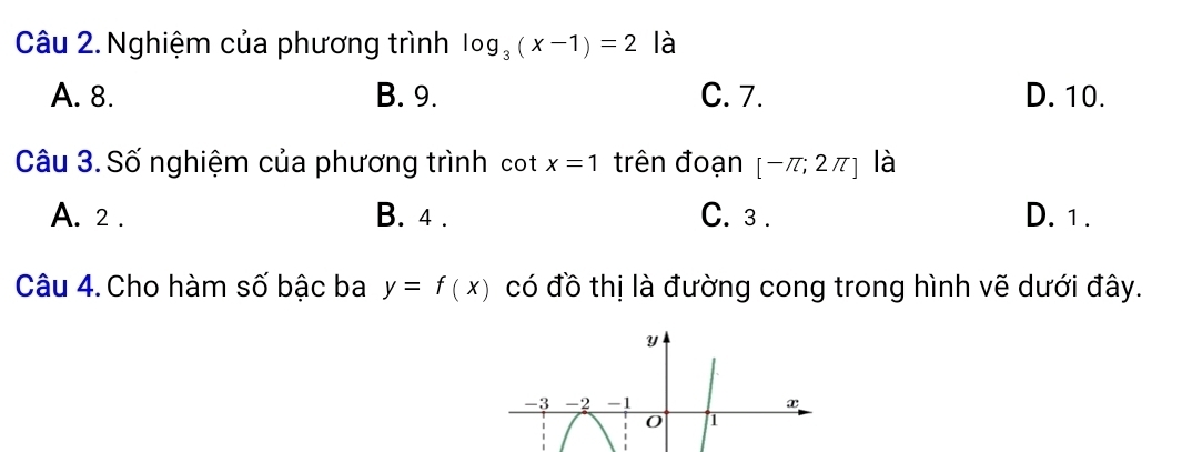 Nghiệm của phương trình log _3(x-1)=2 là
A. 8. B. 9. C. 7. D. 10.
Câu 3. Số nghiệm của phương trình cot x=1 trên đoạn [-π ;2π ] là
A. 2. B. 4. C. 3. D. 1.
Câu 4. Cho hàm số bậc ba y=f(x) có đồ thị là đường cong trong hình vẽ dưới đây.
Y
-3 -2 -1 x
0 1