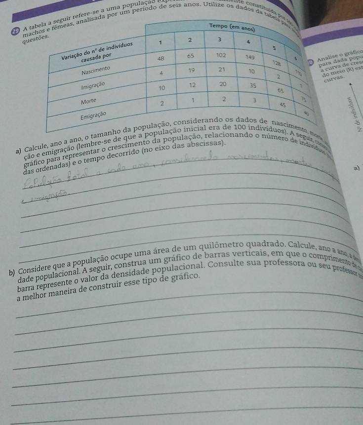 Are-se a uma população em um período de seis anos. Utílize os dados da 
q
e o gráfico
dada popu
éio (R) est
va de cres 
vas.
a) Calcule, ano a ano, o tammore
ção e emigração (lembre-se de que a po segur por
_
práfico para representar o crescimento da população, relacionando o número de indivídoo
_das ordenadas) e o tempo decorrido (no eixo das abscissas).
a)
_
_
_
___
b) Considere que a população ocupe uma área de um quilômetro quadrado. Calcule, ano a amo ao
dade populacional. A seguir, construa um gráfico de barras verticais, em que o comprimento de
_
barra represente o valor da densidade populacional. Consulte sua professora ou seu profes 
a melhor maneira de construir esse tipo de gráfico.
_
_
_
_
_
_