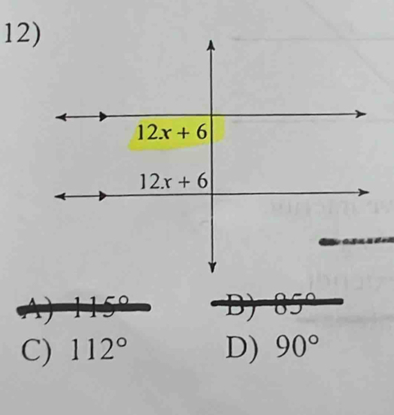 B) 85°
C) 112° D) 90°