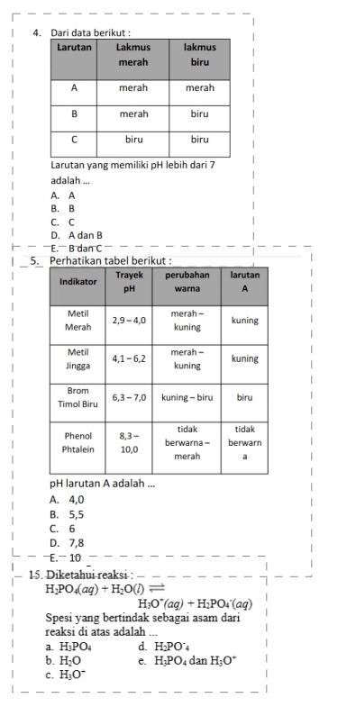 Dari data berikut :
Larutan yang memiliki pH lebih dari 7
adalah ...
A. A
B. B
C. C
D. A dan B
E. B dan C
5
pH larutan A adalah ...
A. 4, 0
B. 5, 5
C. 6
D. 7, 8
E. 10
15. Diketahui reaksi :
H_2PO_4(aq)+H_2O(l)leftharpoons
H_3O^+(aq)+H_2PO_4^(-(aq)
Spesi yang bertindak sebagai asam dari
reaksi di atas adalah ...
a. H_3)PO_4 d. H_2PO^-_4
b. H_2O e. H_3PO_4 dan H_3O^+
C. H_3O^+