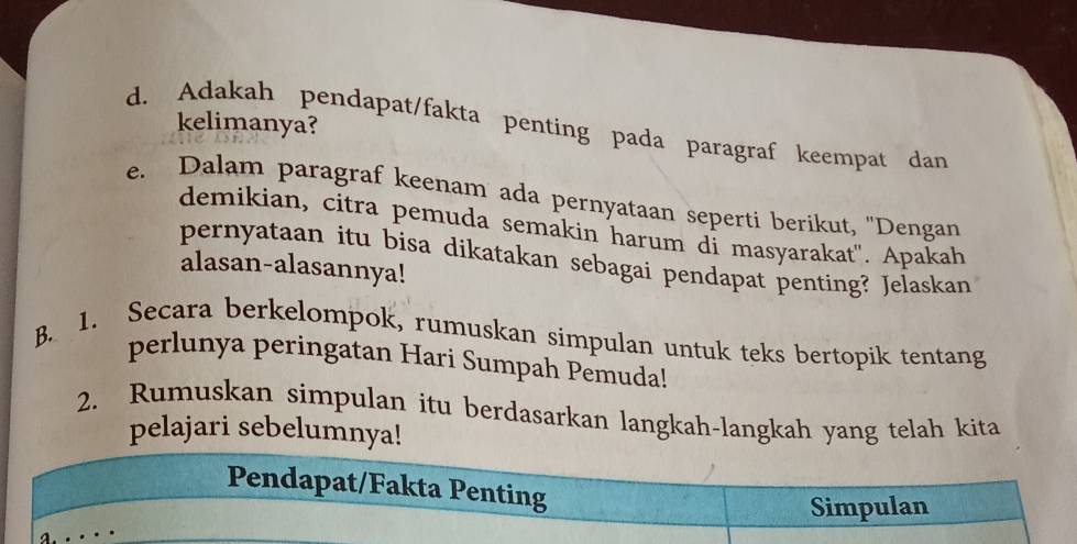 kelimanya? 
d. Adakah pendapat/fakta penting pada paragraf keempat dan 
e. Dalam paragraf keenam ada pernyataan seperti berikut, ''Dengan 
demikian, citra pemuda semakin harum di masyarakat''. Apakah 
pernyataan itu bisa dikatakan sebagai pendapat penting? Jelaskan 
alasan-alasannya! 
B. 1. Secara berkelompok, rumuskan simpulan untuk teks bertopik tentang 
perlunya peringatan Hari Sumpah Pemuda! 
2. Rumuskan simpulan itu berdasarkan langkah-langkah yang telah kita 
pelajari sebelumnya! 
Pendapat/Fakta Penting 
Simpulan 
a. . . · ·