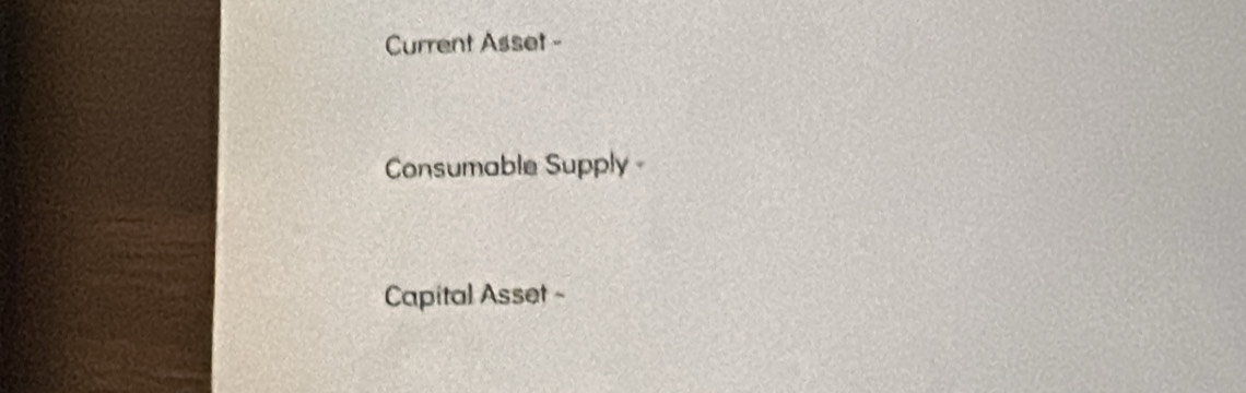 Current Asset - 
Consumable Supply - 
Capital Asset -