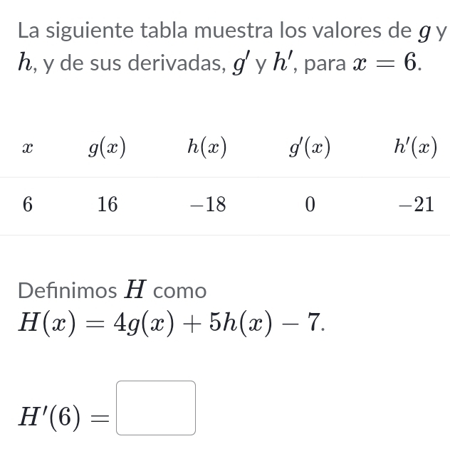 La siguiente tabla muestra los valores de g y
h, y de sus derivadas, g' y h' , para x=6.
Defénimos H como
H(x)=4g(x)+5h(x)-7.
H'(6)=□