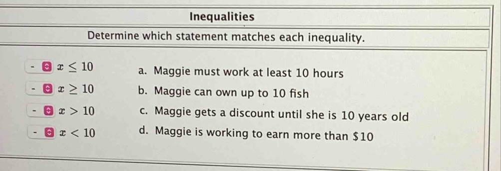 Inequalities
Determine which statement matches each inequality.
x≤ 10 a. Maggie must work at least 10 hours
x≥ 10 b. Maggie can own up to 10 fish
- x>10 c. Maggie gets a discount until she is 10 years old
x<10</tex> d. Maggie is working to earn more than $10