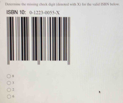 Determine the missing check digit (denoted with X) for the valid ISBN below.
8
3
2
6