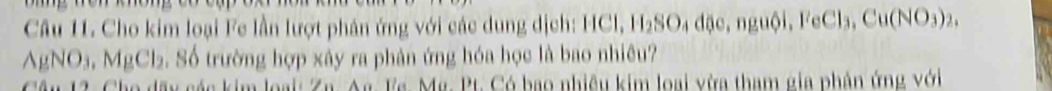 Cho kim loại Fe lần lượt phân ứng với các dung dịch: HCl, ICI, H_2SO_4dje, ngudelta i, FeCl_3, Cu(NO_3)_2,
AgNO_3. MgCl_2 2. Số trường hợp xây ra phản ứng hóa học là bao nhiêu? 
12. Cho dây các kim loại: Za. Ag. Fe. Mg. Pt. Có bao nhiều kim loại vừa tham gia phản ứng với