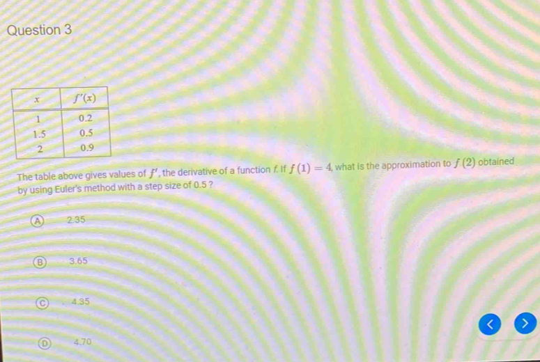 The table above gives values of f' , the derivative of a function f. If f(1)=4 , what is the approximation to f(2) obtained
by using Euler's method with a step size of 0.5 ?
A 2.35
B 3.65
4.35
4.70