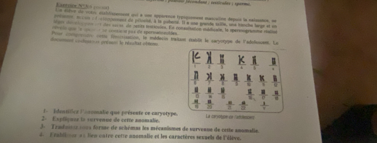 fé livo ie f écondant : testicules : sperme. 
Exercice Nºk(6 poria) 
Un élève de votrs établissement qui a une apparence typiquement masculine depuis la naissance, ne 
présente, accun c éretoppement de pilosité, à la puberté. Il a une grande taille, une hanche large et un 
leger developpen ent des sars de petits testicules. En consultation médicale, le spermogramme réalisé 
révolé que le aper ne contient pas de spermatozoïdes. 
Pour comprendre cetre feminisation, le médecin traitant établit le caryotype de l'adolescent. Le 
document eidessous présent le résultat obtenu. 
2  |f/3  A  i(/s   11/x 
 11/6   21/7  frac 2l  1/8   11/9   K/10   K/n   11/12 
 11/13   11/14   11/15   11/16.   11/17   11/18 
 4/19   11/20   11/21   41/22   1/y 
f 'Identificz l'anomalie que présente ce caryotype. La caryotype de l'adolescens 
2- Expliquez in survenue de cette anomalie. 
3- Traduisez sous forme de schémas les mécanismes de survenue de cette anomalie. 
4 Ftablistez a u lien ontre cette anomalie et les caractères sexuels de l'élève.