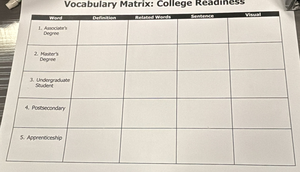 Vocabulary Matrix: College Readiness