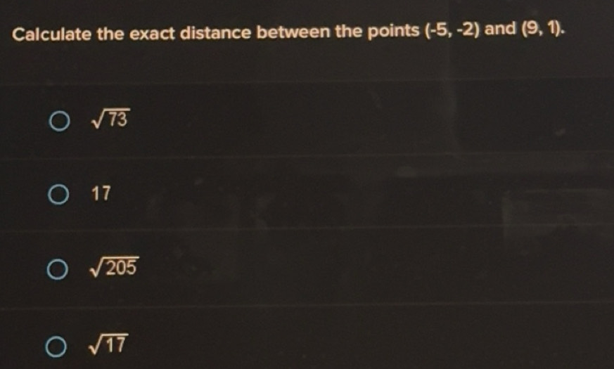 Solved: Calculate the exact distance between the points (-5,-2) and (9 ...