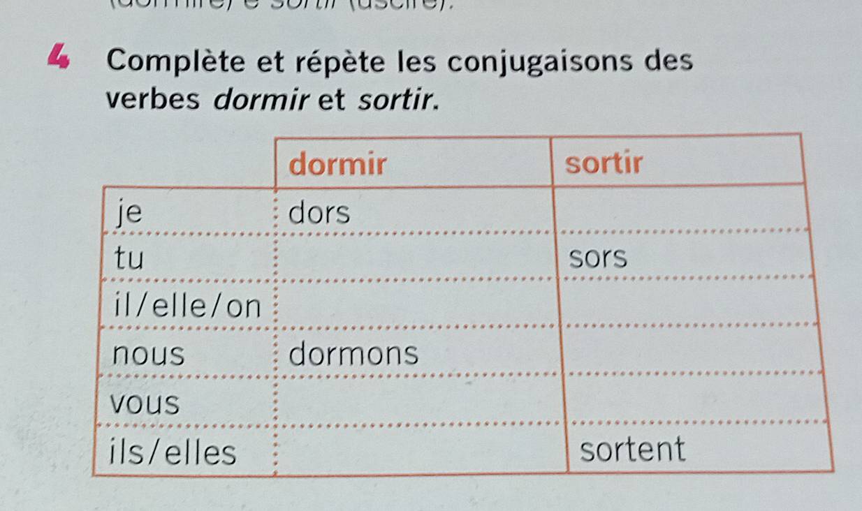 Complète et répète les conjugaisons des 
verbes dormir et sortir.