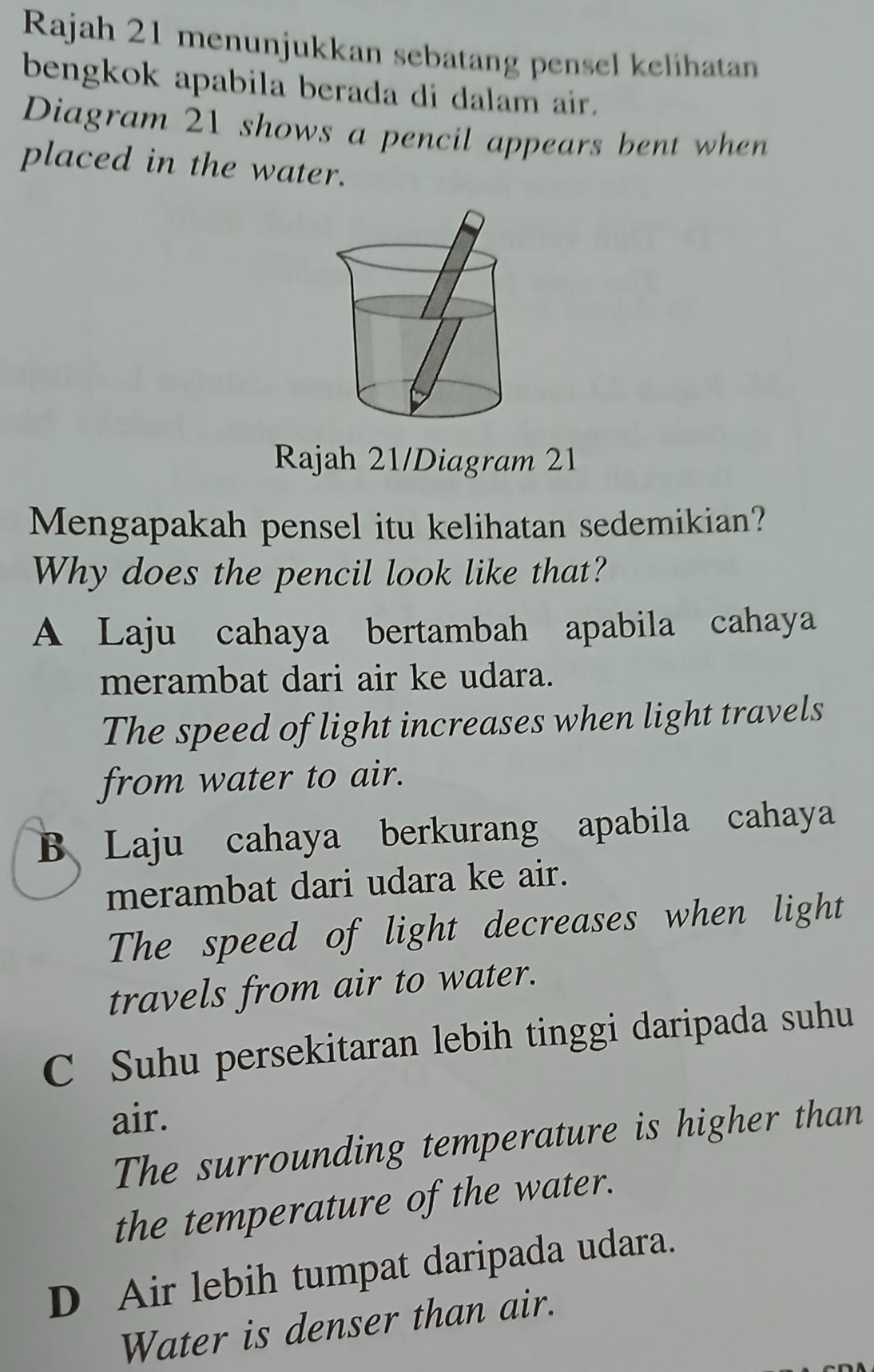 Rajah 21 menunjukkan sebatang pensel kelihatan
bengkok apabila berada di dalam air.
Diagram 21 shows a pencil appears bent when
placed in the water.
Rajah 21/Diagram 21
Mengapakah pensel itu kelihatan sedemikian?
Why does the pencil look like that?
A Laju cahaya bertambah apabila cahaya
merambat dari air ke udara.
The speed of light increases when light travels
from water to air.
B Laju cahaya berkurang apabila cahaya
merambat dari udara ke air.
The speed of light decreases when light
travels from air to water.
C Suhu persekitaran lebih tinggi daripada suhu
air.
The surrounding temperature is higher than
the temperature of the water.
D Air lebih tumpat daripada udara.
Water is denser than air.