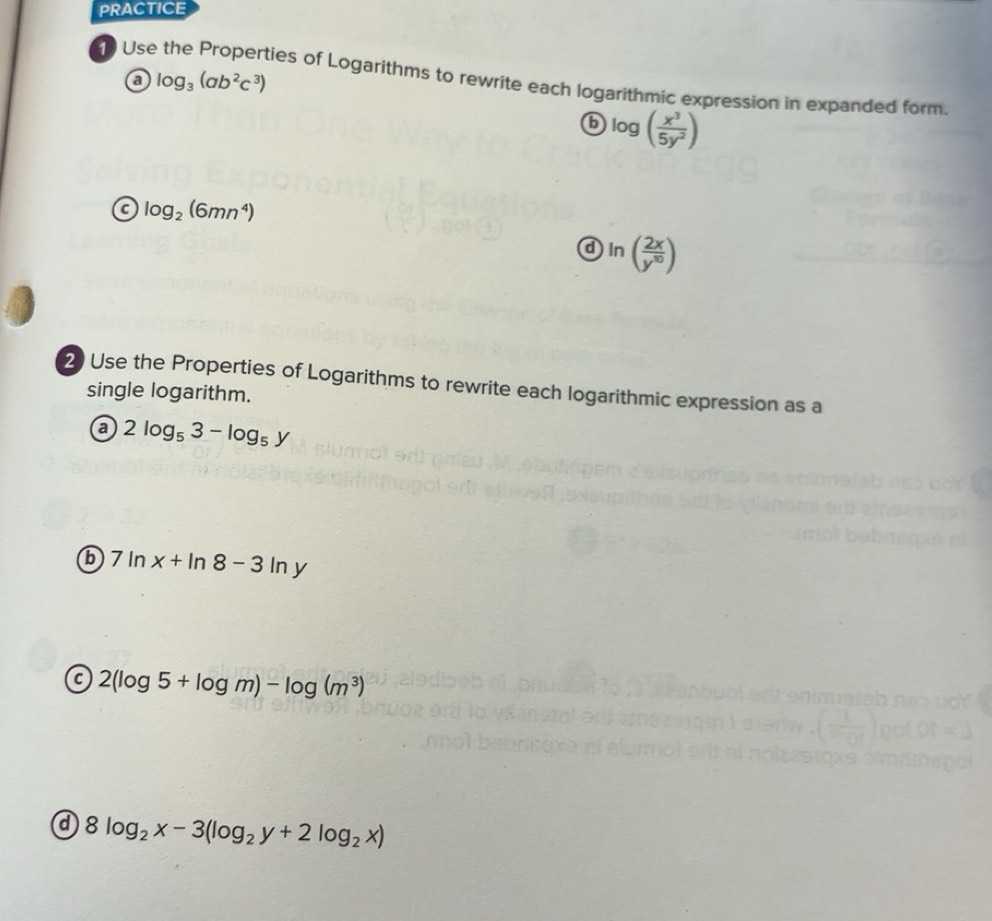 Gelöst:PRACTICE 1Use a log _3(ab^2c^3) ies of Logarithms to rewrite ...