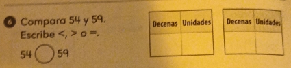 Compara 54 y 59. 
Escribe , o =.
54 59