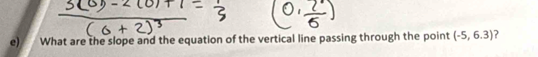 What are the slope and the equation of the vertical line passing through the point (-5,6.3) ?