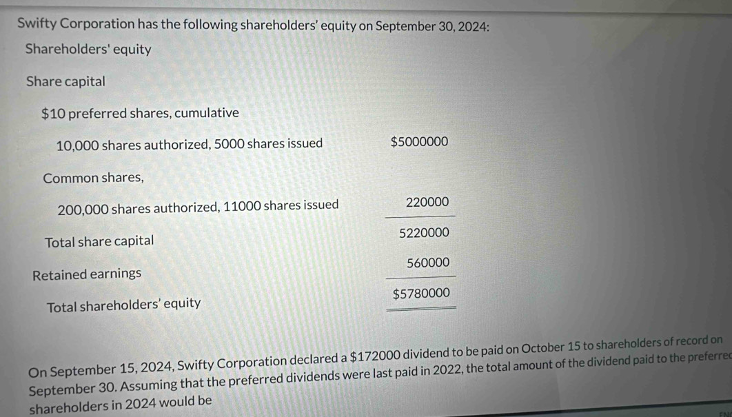 Swifty Corporation has the following shareholders’ equity on September 30, 2024: 
Shareholders' equity 
Share capital
$10 preferred shares, cumulative
10,000 shares authorized, 5000 shares issued $5000000
Common shares,
200,000 shares authorized, 11000 shares issued 220000
Total share capital 5220000
Retained earnings 560000
Total shareholders' equity $5780000
On September 15, 2024, Swifty Corporation declared a $172000 dividend to be paid on October 15 to shareholders of record on 
September 30. Assuming that the preferred dividends were last paid in 2022, the total amount of the dividend paid to the preferre 
shareholders in 2024 would be